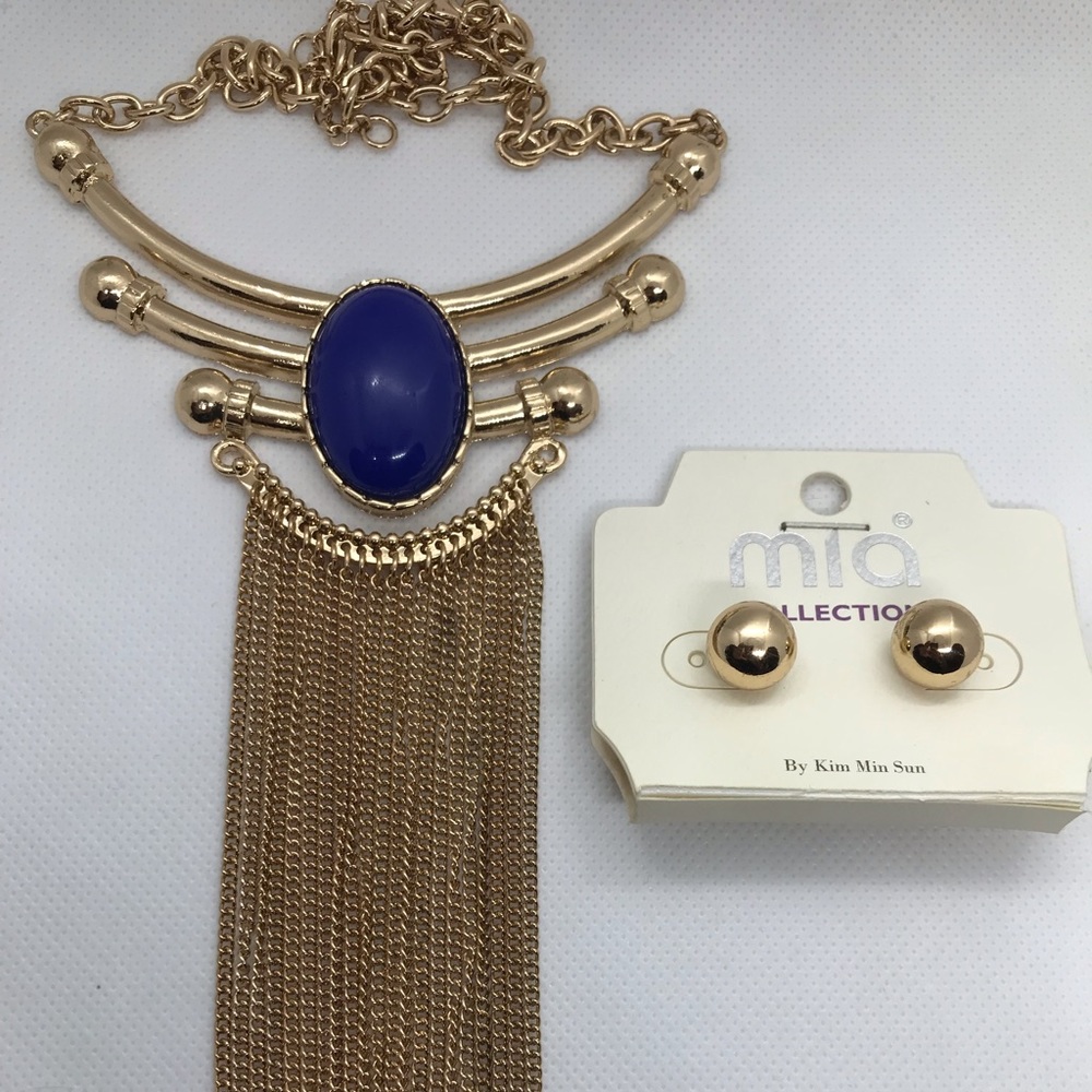 Matching Blue Regal & Gold Earring & Necklace set